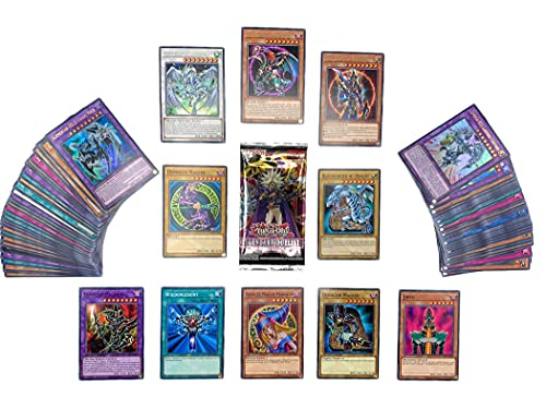 Yu-Gi-Oh! Kartenset mit 100 Karten(85 Commons - 10 rares - 5 Holos) - Garantiert Dunkler Magier oder Blauäugiger w. Drache + 1 Booster + 100 Heartforcards® Hüllen von HEART FOR CARDS