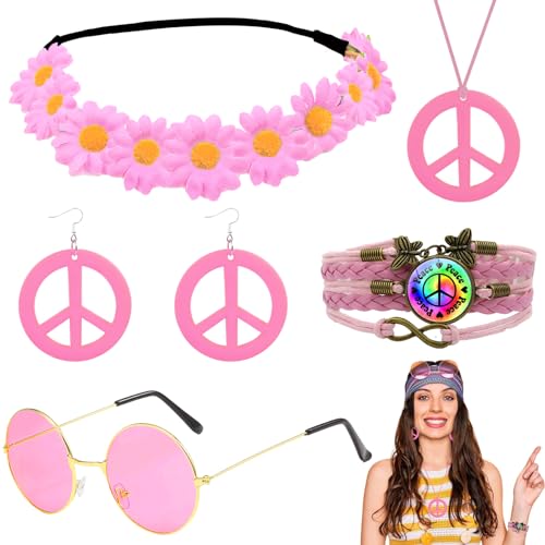 5 Stück Hippie Accessoires, Hippie Kostüm Set mit Sonnenblumen-Stirnband Hippie Brille Armbänder Friedenszeichen Halskette Ohrring per Damen 60er 70er 80er Party Fasching Karneval(Rosa) von HEAWAA