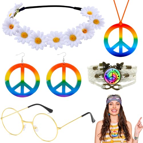 5 Stück Hippie Accessoires, Hippie Kostüm Set mit Sonnenblumen-Stirnband Hippie Brille Armbänder Friedenszeichen Halskette Ohrring per Damen 60er 70er 80er Party Fasching Karneval (Weiß) von HEAWAA