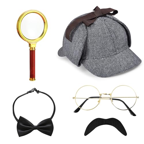 5 Stück Detektiv Kostüm Zubehör Set, Sherlock Holmes Kostüm Accessoires mit Detektiv Hut Brille Falscher Schnurrbart Lupe Fliege Detektiv Cosplay Requisiten für Fasching Karneval Cosplay Party von HEAWAA