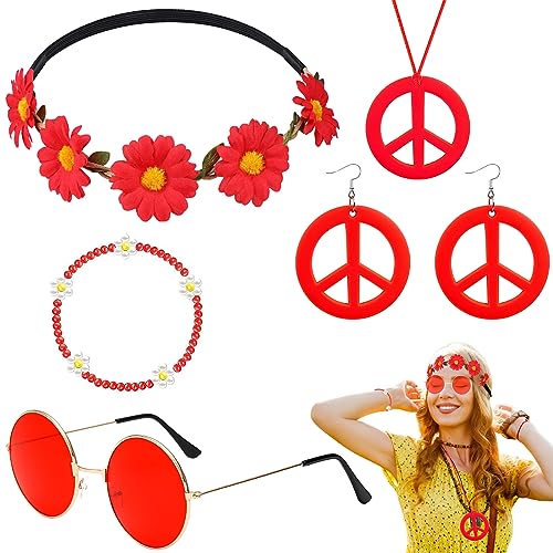 5 Stück Hippie Kostüm Accessoires, Vintage Zubehör per Costume Hippie mit Brille Friedenszeichen Halskette Ohrringe Stirnband Armbänder für Damen Herren 60er 70er 80er Jahre Party Karneval von HEAWAA