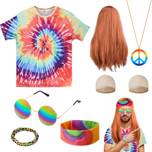 8 Stücke Hippie Kostüm Herren, 70er Hippie Kostüme Set mit Perücke Hippie T-Shirt Retro Brille Peace Halskette Stirnban Armbänder für 60er 70er 80er Jahre Party Karneval von HEAWAA