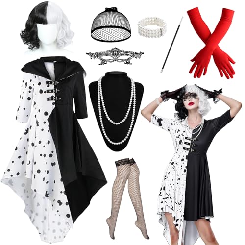 9Pcs Cruella Kostüm für Damen, Halloween Accessoires mit Cruella Kleid, Kurz Schwarz Weiß Perücken Spitze Maske Handschuhe Halskette Netzstrümpfe Holder Perlenarmband für Cosplay Fasching (XL) von HEAWAA