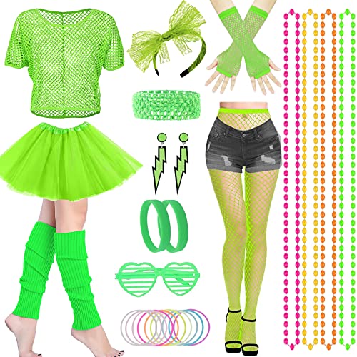 HEAWAA 28 Stück 80er Jahre Outfit Damen, 80s Kleidung Kostüm Neon Accessoires mit Netzshirt Tutu Stirnband Ohrring Halskette Beinwärmer Brillen Netzhandschuhe für Mädchen Mottoparty Karneval von HEAWAA