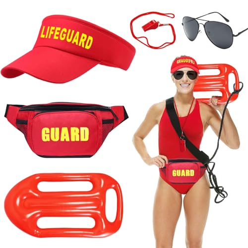 HEAWAA 5 Stück Rettungsschwimmer Zubehör Set, Rettungsschwimmer Kostüms Kit mit Verstellbare Hut Sonnenbrille Rot Aufblasbares Brett Hüfttasche Pfeife für Männer Frauen Halloween Karneval von HEAWAA