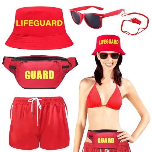 HEAWAA 5-teiliges Rettungsschwimmer-Zubehör-Set enthält Shorts, Eimerhut, verstellbare Bauchtasche, Pfeife, Sonnenbrille, Rettungsschwimmer Kostüm für Erwachsene, Damen, Herren, Halloween, Cosplay, von HEAWAA