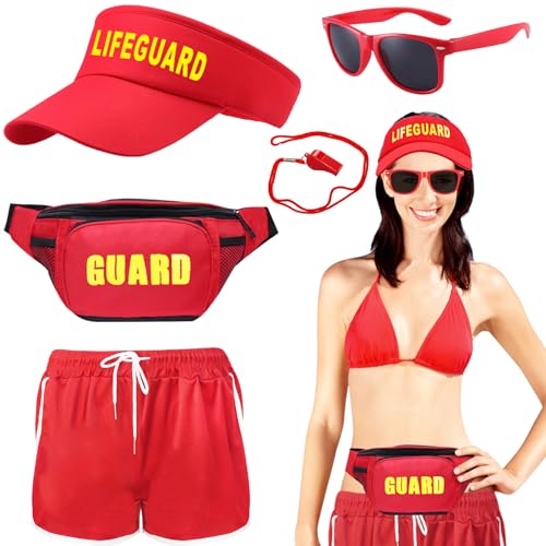 HEAWAA 5-teiliges Rettungsschwimmer-Zubehör-Set enthält Shorts, leeres Oberteil, Sonnenhut, verstellbare Bauchtasche, Pfeife, Sonnenbrille, Rettungsschwimmer, Kostüm, für Erwachsene, Damen, Herren, von HEAWAA