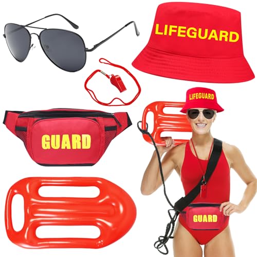 HEAWAA 5-teiliges Rettungsschwimmer-Zubehör-Set mit aufblasbarer Schwimmer-Requisite, Eimerhut, verstellbare Bauchtasche, Pfeife, Sonnenbrille, Rettungsschwimmer-Kostüm, Kostüm für Erwachsene, Damen, von HEAWAA