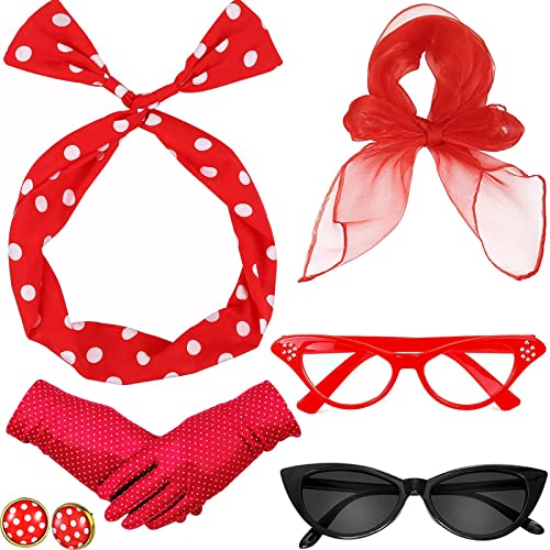 HEAWAA 50er Jahre Kostüm Accessoires, 6 Stück 60er Jahre Damen Zubehör Set mit Chiffon Schal Polka Dot Kopftuch Handschuhe Cat Eye Brille und Ohrringe für Vintage Party Karneval von HEAWAA