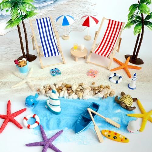 HEDMON 31 Stück Strand Mikrolandschaft Miniliegestuhl,Strand Miniatur Deko Strand Zubehör Mini Strandkorb Sonnenschirm Kleine Palme für DIY Zen Garten Kuchen Deko Mniatur Garten Einzigartiges Geschenk von HEDMON