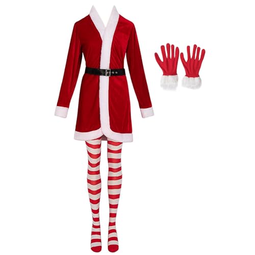 HEEZOU Damen Kostüm Set Für Weihnachtsaufführungen 4-teiliges Outfit Einschließlich Samtkleid Mit Gürtel Strumpfhosen Und Handschuhen Für Weihnachtsfeiern von HEEZOU