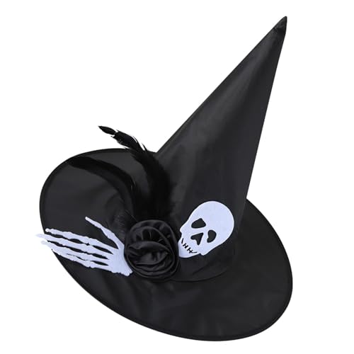 HEEZOU Erwachsene Hexenkappen Zaubererhut Cosplay Party Kopfbedeckung Halloween Kostüm Karneval Spitzer Hexenhut Mit Skeletthand von HEEZOU