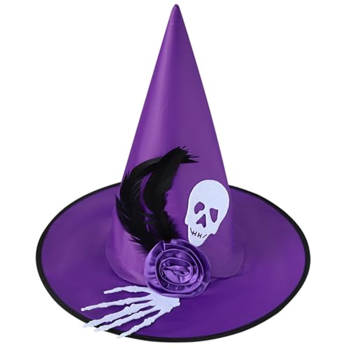 HEEZOU Erwachsene Hexenkappen Zaubererhut Cosplay Party Kopfbedeckung Halloween Kostüm Karneval Spitzer Hexenhut Mit Skeletthand von HEEZOU