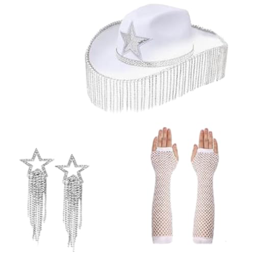 HEEZOU Strasssteine ​​Cowboy Kostüm Set Wester Wide Brims Star Armleeves Ohrringe Erwachsener Rollenspiel Partyfotoanzug 3pcs von HEEZOU