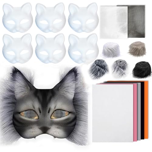 HEEZOU Unbemalte Maskerade Maske Katzen Gesichtsmaske Unbemalte Maske Inklusive Pelzigem Stoffbesatz Netzstoff Selbstklebender Stoff von HEEZOU