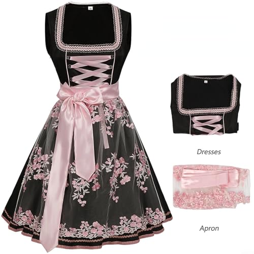 HEIBTENY Bayerische Frauen sagten Kostüme, Oktoberfest-Vintage-Biermädchen-Dirndlkleid und Accessoires, Wirtshausmädchen-Cosplay-Kostüm(M Pink) von HEIBTENY