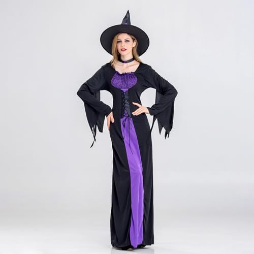 HEIBTENY Kostueme Halloween Damen Waldhexe Kostüm Lange Kleider Frauen Hexenkostüm Kleidung Midi Kleid Festlich Cosplay Dress mit Hut(S Black) von HEIBTENY