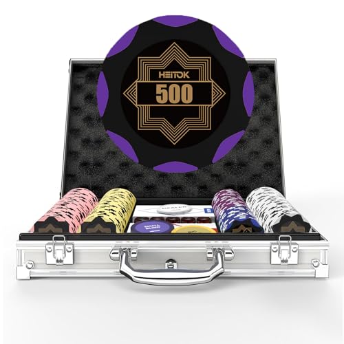 HEITOK Clay Pokerchip-Set für Texas Hold'em, 200 Stück mit Bezeichnungen, professionelles Casino-Blackjack-Set, eine hochwertige Tragetasche mit Aluminium-Reisekoffer von HEITOK