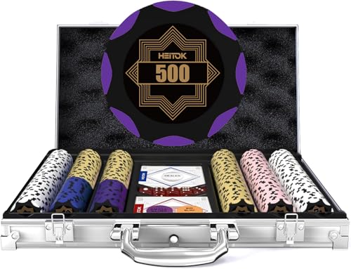 HEITOK Clay Pokerchip-Set für Texas Hold'em, 300 Teile mit Bezeichnungen, professionelles Casino-Blackjack-Set, eine hochwertige Tragetasche mit Aluminium-Reisekoffer von HEITOK