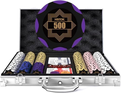 HEITOK Clay Pokerchip-Set für Texas Hold'em, 300 Teile mit Bezeichnungen, professionelles Casino-Blackjack-Set, eine hochwertige Tragetasche mit Aluminium-Reisekoffer von HEITOK