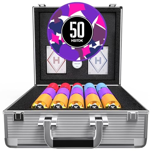 HEITOK Poker Chips, Poker Set with Aluminum Carrying Case & Professional Weight Chips Plus 5 Poker Dice, Casino Game (600 Chips with Numbered Values) von HEITOK