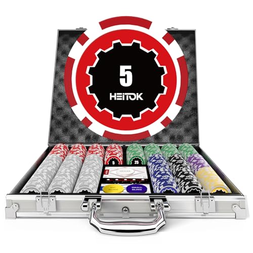 HEITOK Poker-Set, 500 Stück, 11,5 g Chips mit Nennwerten, Casino-nummerierte Chips-Set mit Aluminiumkoffer, 2 Spielkartendecks, Dealer-Tasten und 2 Schnittkarten von HEITOK