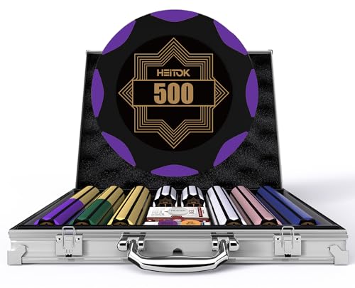 HEITOK Pokerchip-Set 500 Stück mit nummerierten Bezeichnungen für Casinospiele, inklusive professioneller Tragetasche und professionellen Gewichts-Chips Plus von HEITOK