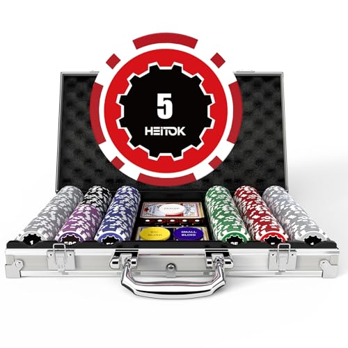 HEITOK Pokerchips-Set mit Wertigkeiten, 300 Stück 11,5g professionelle nummerierte Chips mit Aluminiumkoffer, inklusive 5 Würfeln & 2 Kartenspielen für Texas Hold'em von HEITOK