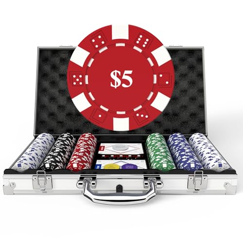 HEITOK Pokerkoffer Pokerset Profi mit Wert, 300 Glücksspielchips, nummerierte Chips mit 11,5 Gramm für Blackjack und Texas Holdem-Spiele mit Aluminium-Pokerkoffer von HEITOK