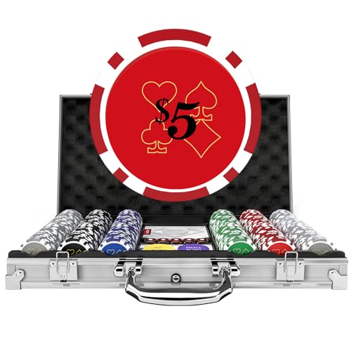 Pokerchips mit Nennwerten, 300 Stück, 11,5 g, gewichtet, nummeriert, 5 Würfel, 2 Decks mit kompaktem Aluminiumkoffer für Texas Hold'em, Blackjack, ab 8 Jahren von HEITOK