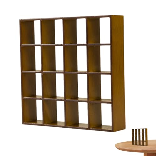 HEKARBAMILL Dollhouse Bücherregal Realistisches Holz 1:12 Miniatur Bücherregal 16 Grid Mini Display Regal Wand Rack Stand Walnuss Farbe für Dollhouse von HEKARBAMILL