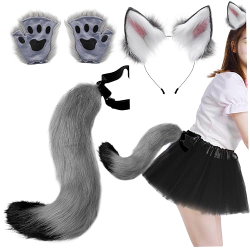 HEKARBAMILL Fox Ears und Heckpfoten, 3 Pack Faux Pelzausrüstung, Flauschige Fuchskostüm Erwachsene Frauen für Rollenspiele für Rollenspielparty dunkle Grey Games Supplies von HEKARBAMILL