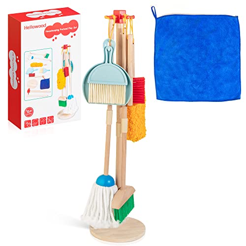 HELLOWOOD Kinder Holz Reiniungs-Set, 8-teilige Haushaltsspielzeug Rollenspiele Set inkl. Besen Mop Kehrblech Bürsten Lappen Handfeger Ständer, Reinigung Spielzeug für Mädchen Jungen Alter 3-6 von HELLOWOOD