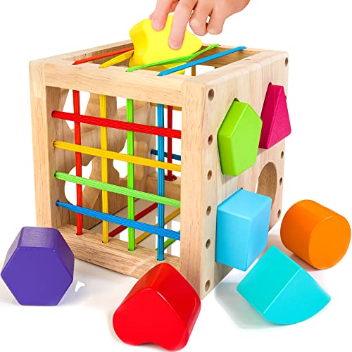 HELLOWOOD Sortierspiel Montessori Steckwürfel ab 1 Jahr, Lernspielzeug Motorikwürfel mit 8 Steckbausteinen, Holzspielzeug für Kinder ab 1 2 3 Jahre von HELLOWOOD