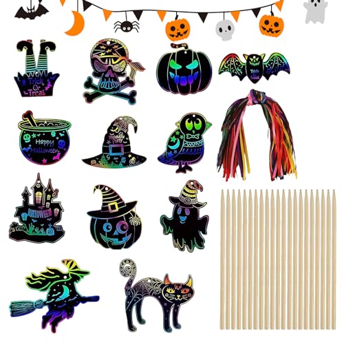 48 Stk Halloween Kratzbilder,Halloween Kratzbilder Basteln,Halloween Diy Kratzbilder,Scratch Crafts Kinder Set,Kratzpapier Bastelset,für Kinder Süßes oder Saures,Halloween DIY Kratzbilder. (black) von HELOVGE