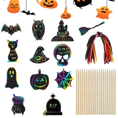 48 Stk Halloween Kratzbilder,Halloween Kratzbilder Basteln,Halloween Diy Kratzbilder,Scratch Crafts Kinder Set,Kratzpapier Bastelset,für Kinder Süßes oder Saures,Halloween DIY Kratzbilder. (B) von HELOVGE