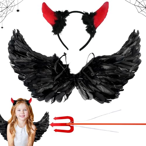 HELOVGE Halloween Teufel Flügel,Teufel Flügel Halloween,Rote Angel Wings,Engelsflügel Rot mit Teufel Horn Rot,Teufel Flügel,Halloween Flügel Schwarz,Teufel kostüm für Halloween Karneval Cosplay. von HELOVGE