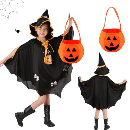 HELOVGE Halloween Fledermaus kostüm Kinder,Fledermaus Umhang Kostüm Hexe Zauberer Umhang für Jungen Mädchen Halloween Cosplay Party Geeignet für Höhe 90-150cm (Schwarz) von HELOVGE