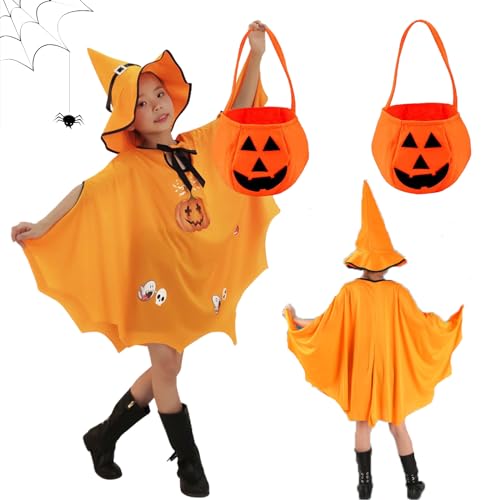 HELOVGE Halloween Kostüm Kinder,Halloween Fledermaus Umhang mit Hut,Kinderkostüm Fledermaus mit Kürbis Tasche,Kostüme Hexenkostüm Kürbis,Fledermaus Umhang Kostüm,für Kinder Halloween Cosplay. von HELOVGE