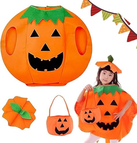 HELOVGE Halloween Kostüm Kürbis Kinder,Halloween Kürbis Kostüm Kinder mit Hut und Kürbistasche,Kinder Kürbis Kostüm Anzug,Kürbis Cosplay Party Kleidung,Baby Kürbis Cosplay Kostüm Party von HELOVGE