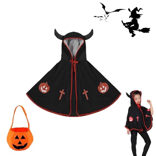 HELOVGE Kostüm für Kinder Teufelkostüm,HexenZauberer Umhang,Halloween Umhang Cape mit Ox Horn Mit Kapuze Mantel,Teufel Umhang mit Kürbis Candy Bag,für Kinder für Jungen Mädchen Cosplay Party. von HELOVGE