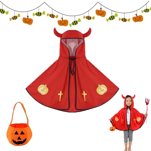 HELOVGE Kostüm für Kinder Teufelkostüm,HexenZauberer Umhang,Halloween Umhang Cape mit Ox Horn Mit Kapuze Mantel,Teufel Umhang mit Kürbis Candy Bag,für Kinder für Jungen Mädchen Cosplay Party. von HELOVGE