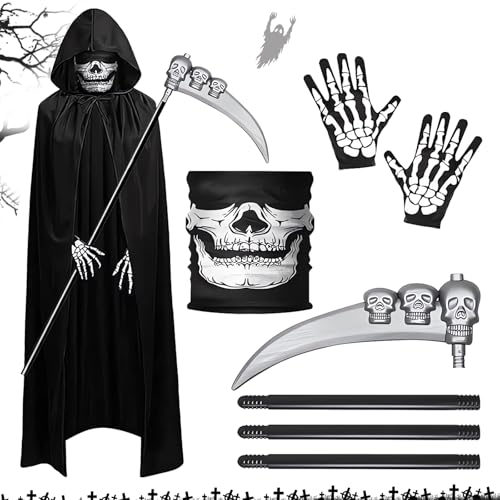 HELOVGE 4 Pcs Sensenmann Kostüm Herren,Halloween Ghost Kostüm Sensenmann,Halloween Sense Und Handschuhe,Sensenmann,Dark Reaper-Halloween-Kostüm,Halloween Weihnachten Kostüm Erwachsene von HELOVGE