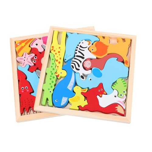 HEMOTON 2 Sätze Tierisches Dreidimensionales Puzzle Kinderspielzeug 3D-Puzzle Lernspielzeug Für Kinder 3D-rätsel Puzzle-Spielzeug Cartoon-Puzzle Tier-Matching-Spiel Tiere Kinderrätsel Holz von HEMOTON