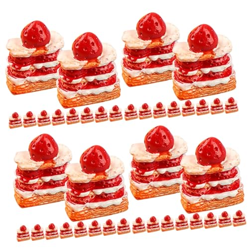 HEMOTON 48 STK Erdbeer-Sahne-Torte Spielzeuge Kuchen Dessertringe Gefälschter Nachtisch Gefälschtes Küchenspielzeug Mini-Essen Essensspielzeug Vorgeben Mini-küchenszenendekor Harz Rot von HEMOTON