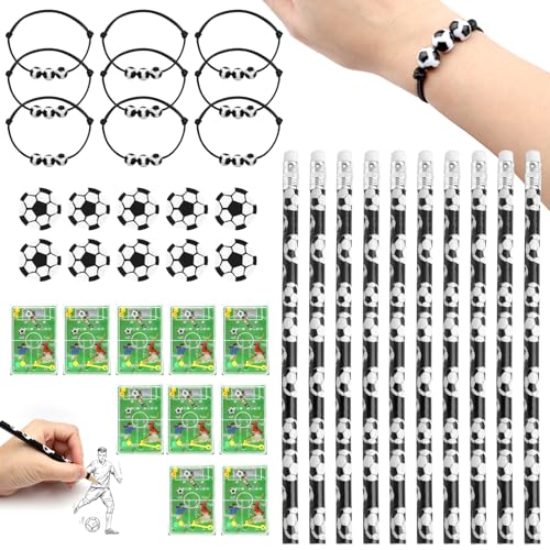 HENGBIRD 40 Stück Mitgebsel Fussball Set Fußball Party Mitgebsel Kinder Fussball Mitgebsel 10 Fußball Flipperspiel 10 Fußball Armbänder 10 Fußball Bleistifte 10 Radiergummi Fussball Jungen Mädchen von HENGBIRD