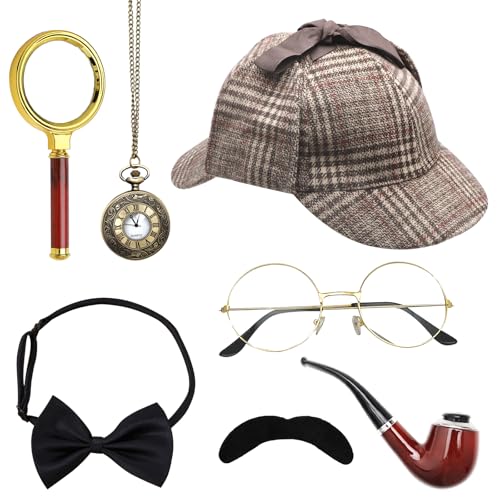 HENGBIRD 7 Pcs Detektiv Kostüm Zubehör Set, Sherlock Holmes Kostüm Accessoires mit Detektiv Hut Brille Falscher Schnurrbart Lupe Fliege, Detektiv Cosplay Requisiten für Fasching Karneval Cosplay Party von HENGBIRD