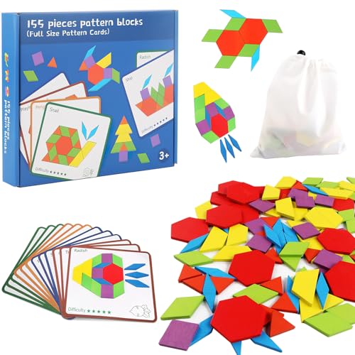 HENGBIRD Geometrische Formen Tangrams Holz Puzzle Spielzeug, 155pcs Holzmuster Blöcke Bunte Hölzerne Intelligenz Puzzle Montessori Lernspielzeug Geschenke für Kinder Vorschule von HENGBIRD