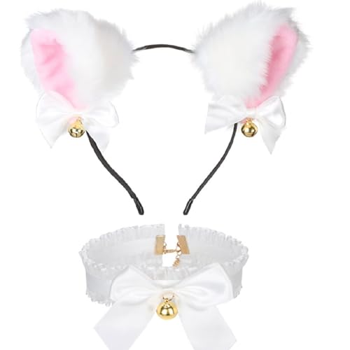 HENGBIRD Katzenohren Haarreif, Cat Ears Stirnband Glöckchen Halskette katzenohren cosplay haarreif set katzen ohren katzenkostüm damen Haarschmuck für Frauen Mädchen Cosplay Kostümfest (Weiß) von HENGBIRD