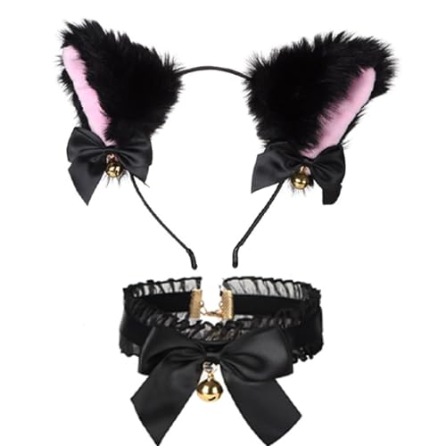 HENGBIRD Katzenohren Haarreif, Cat Ears Stirnband Glöckchen Halskette katzenohren cosplay haarreif set katzen ohren katzenkostüm damen Haarschmuck für Frauen Mädchen Cosplay Kostümfest (Schwarz) von HENGBIRD